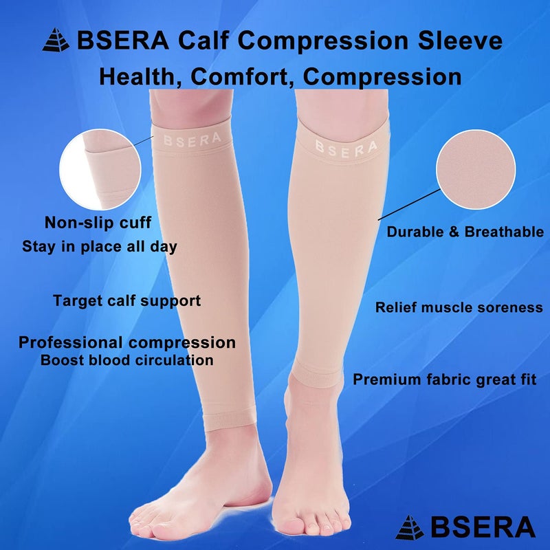 BSERA Calf Compression Sleeve Women, 2 Pairs 15-20mmHg Calf Support Footless Compression Socks Stockings for Shin Splints, Varicose Veins, Recovery (Nude/Skin, X-Large) - Image 2